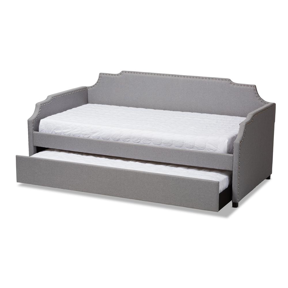 Grey Fabric Upholstered Twin Size Sofa Daybed with Roll Out Trundle Guest Bed. Picture 12