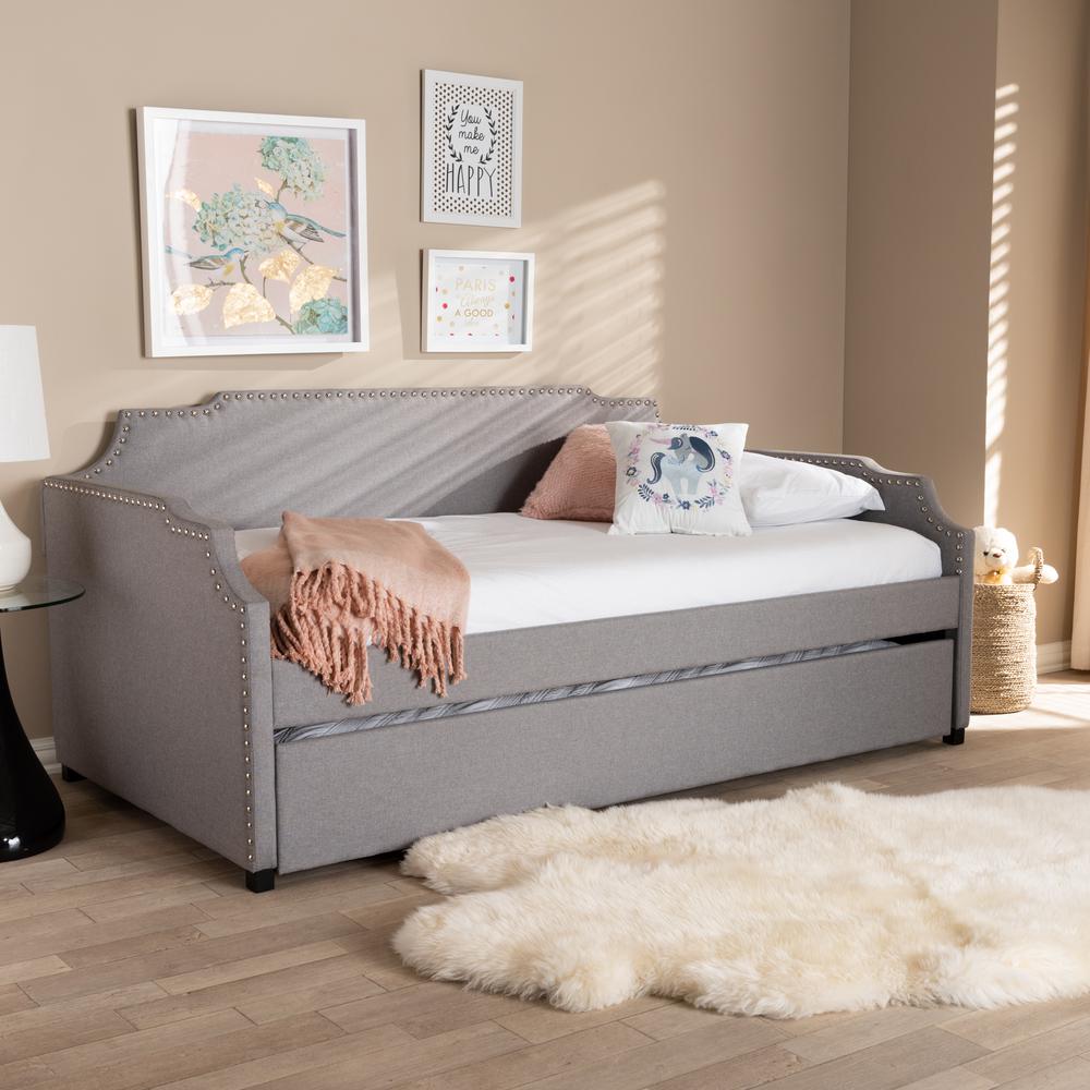Grey Fabric Upholstered Twin Size Sofa Daybed with Roll Out Trundle Guest Bed. Picture 17