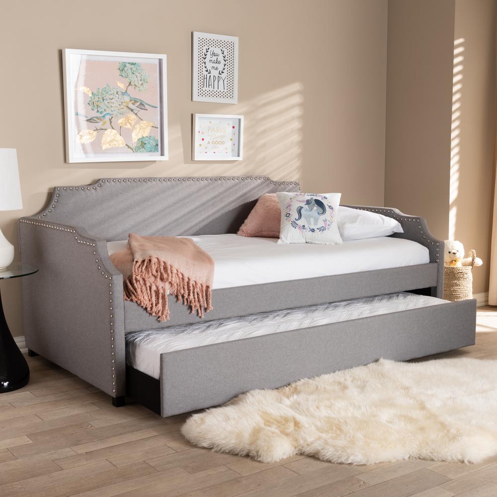 Baxton Studio Ally Modern and Contemporary Grey Fabric Upholstered Twin Size Sofa Daybed with Roll Out Trundle Guest Bed. Picture 9