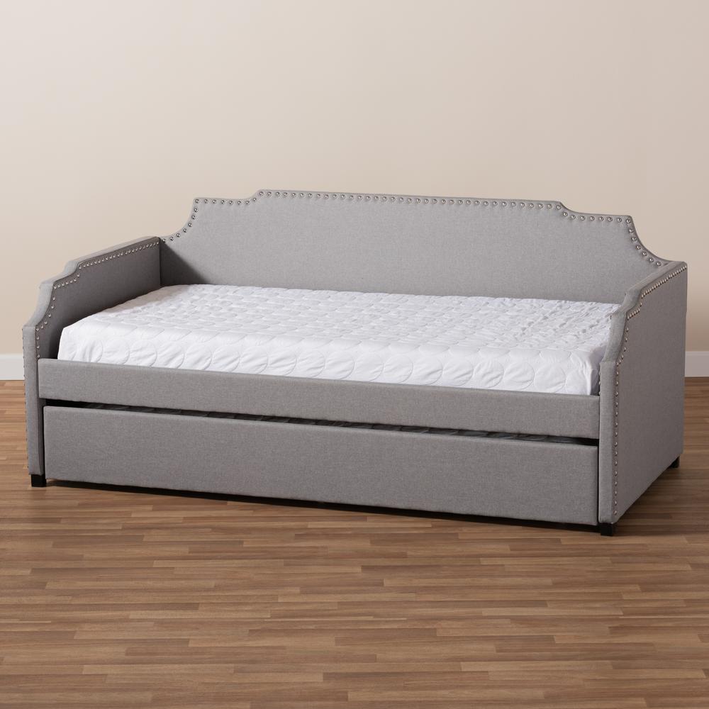 Grey Fabric Upholstered Twin Size Sofa Daybed with Roll Out Trundle Guest Bed. Picture 19