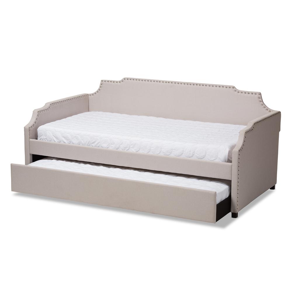 Beige Fabric Upholstered Twin Size Sofa Daybed with Roll Out Trundle Guest Bed. Picture 12