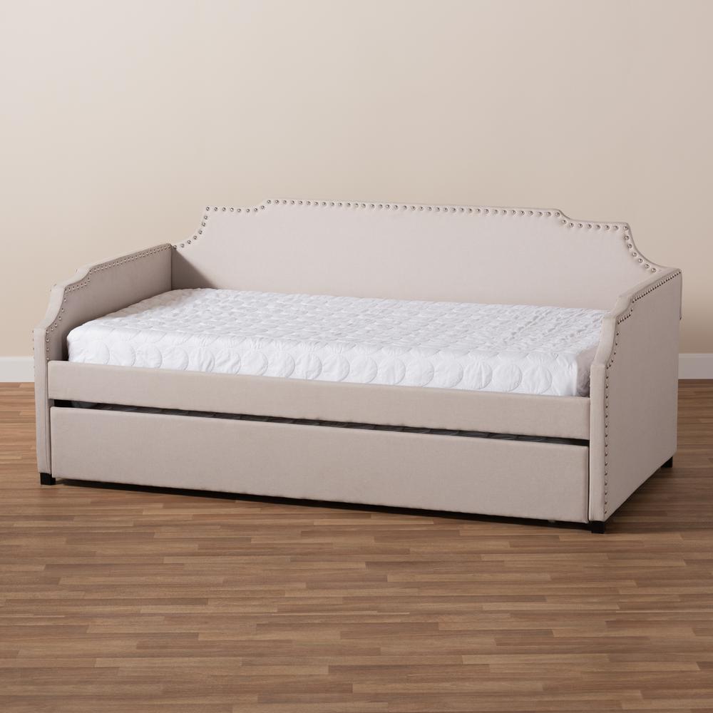 Beige Fabric Upholstered Twin Size Sofa Daybed with Roll Out Trundle Guest Bed. Picture 19