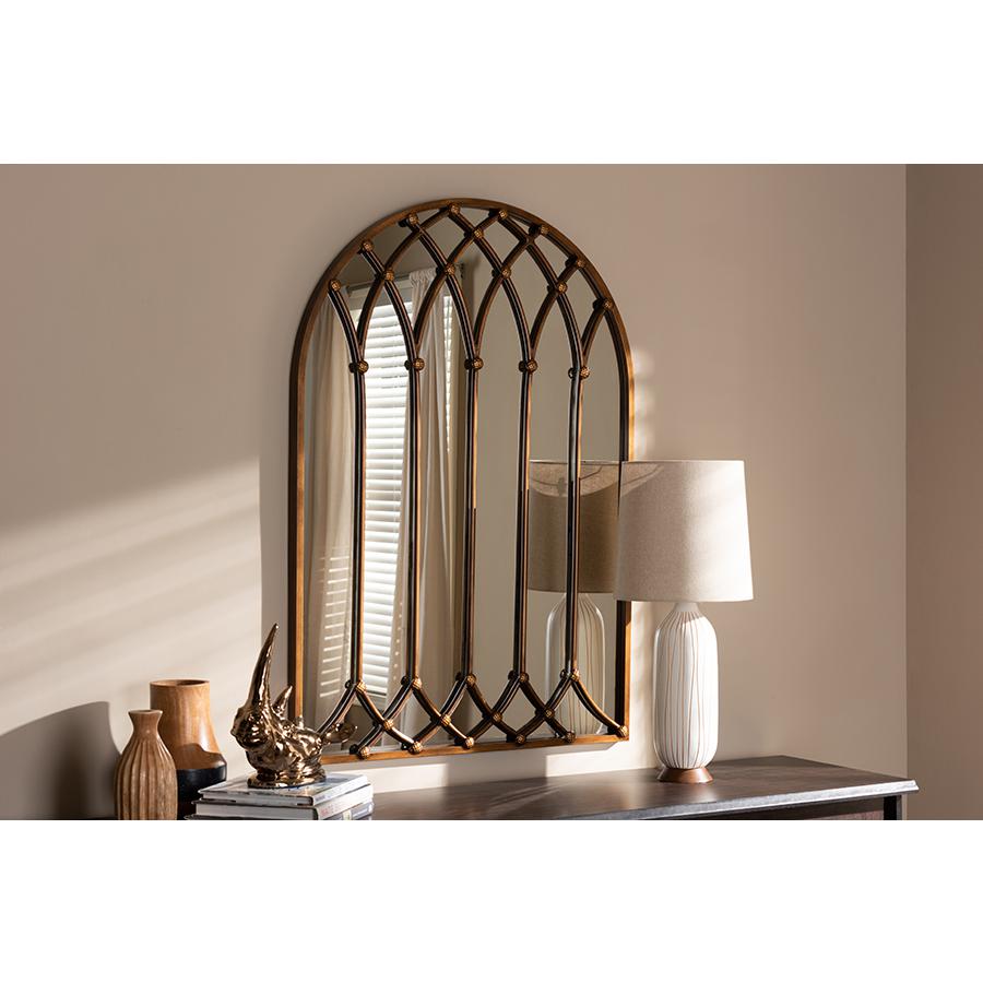 Freja Vintage Farmhouse Antique Bronze Finished Arched Window Accent Wall Mirror. Picture 2