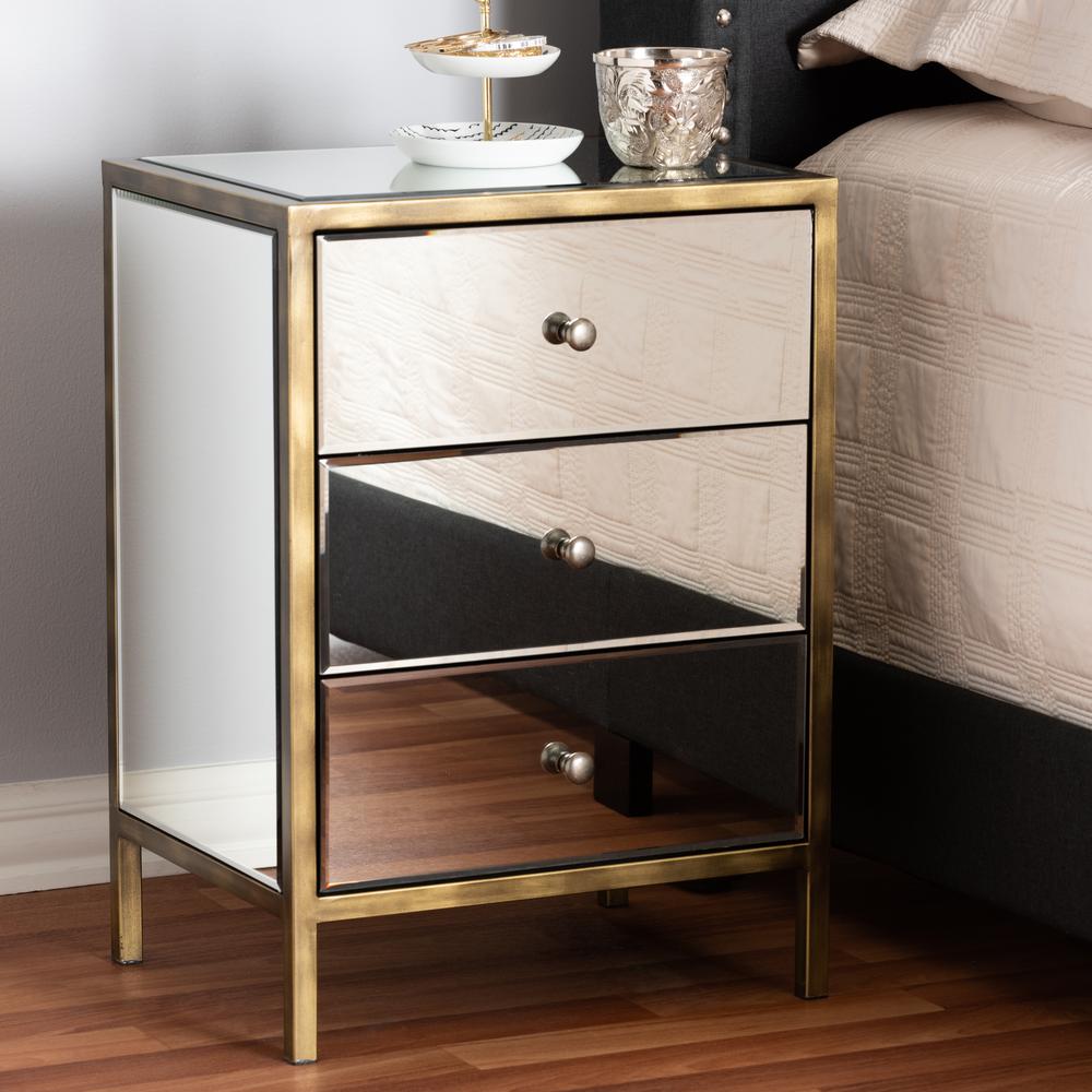 Nouria Modern and Contemporary Hollywood Regency Glamour Style Mirrored Three Drawer Nightstand Bedside Table. Picture 6