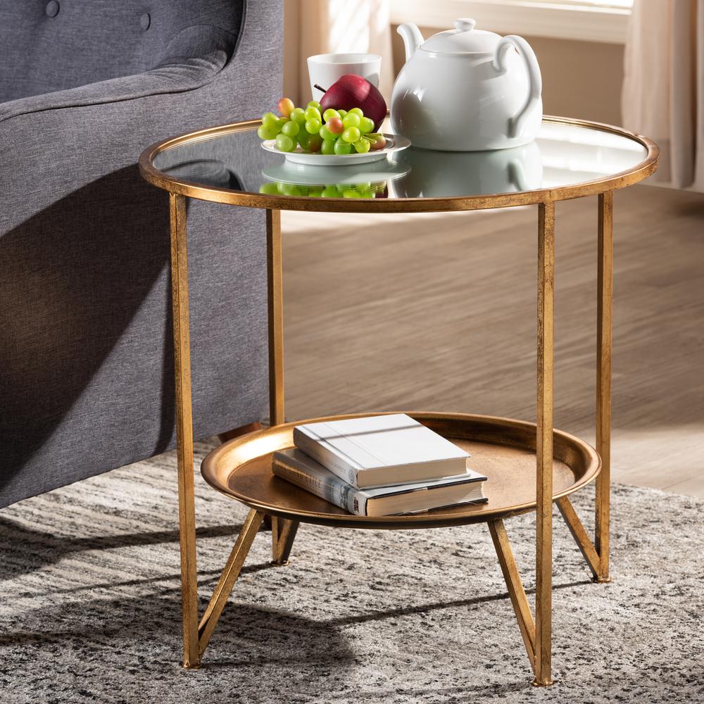 Baxton Studio Tamsin Modern and Contemporary Antique Gold Finished Metal and Mirrored Glass Accent Table with Tray Shelf. Picture 5