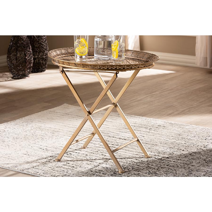 Baxton Studio Sabah Traditional Moroccan Inspired Matte Antique Gold Finished Metal Foldable Accent Tray Table. Picture 6