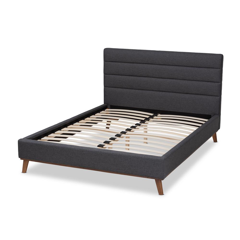Erlend Mid-Century Modern Dark Grey Fabric Upholstered Queen Size Platform Bed. Picture 12