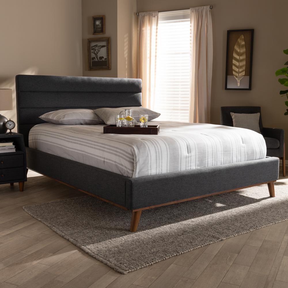 Erlend Mid-Century Modern Dark Grey Fabric Upholstered Queen Size Platform Bed. Picture 10