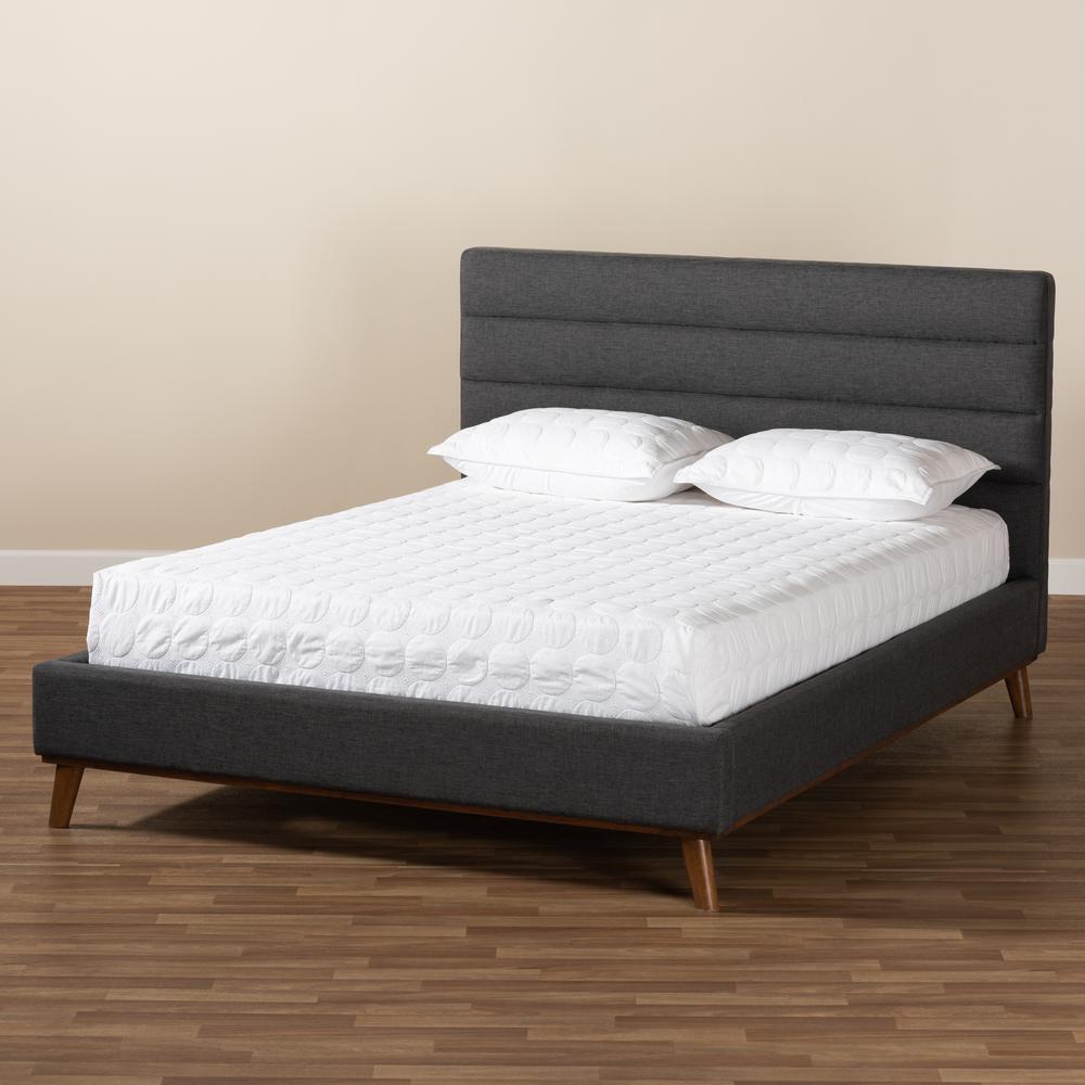 Erlend Mid-Century Modern Dark Grey Fabric Upholstered Queen Size Platform Bed. Picture 16