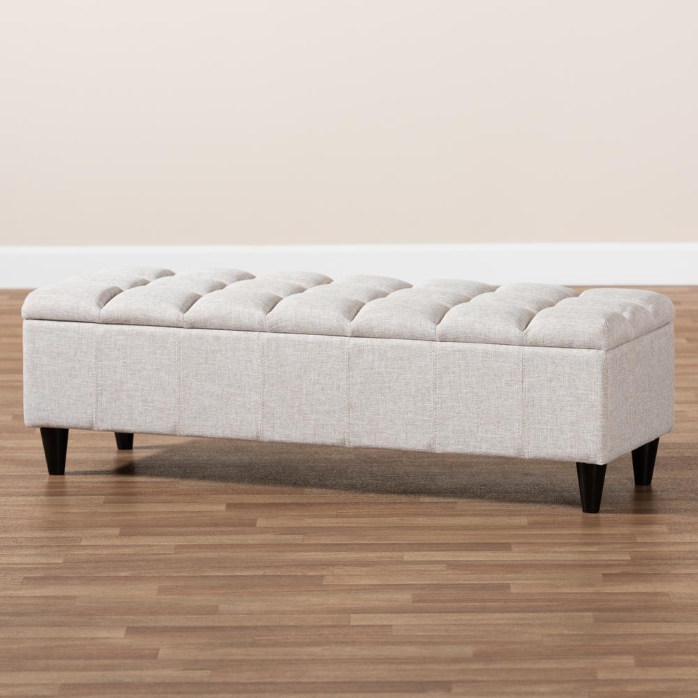 Light Blue Fabric Upholstered Dark Brown Finished Wood Storage Bench Ottoman. Picture 19
