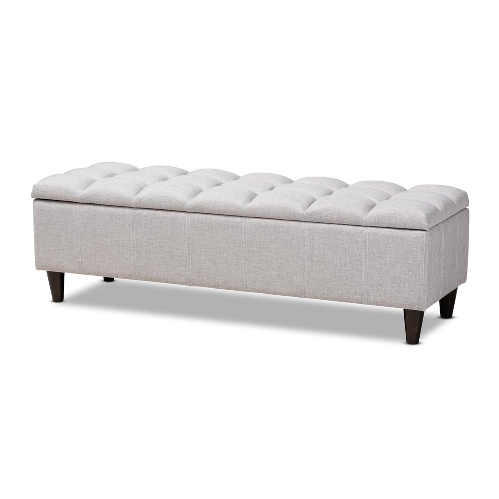 Grayish Beige Fabric Upholstered Dark Brown Finished Wood Storage Bench Ottoman. Picture 12