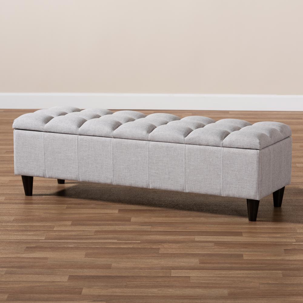 Grayish Beige Fabric Upholstered Dark Brown Finished Wood Storage Bench Ottoman. Picture 21