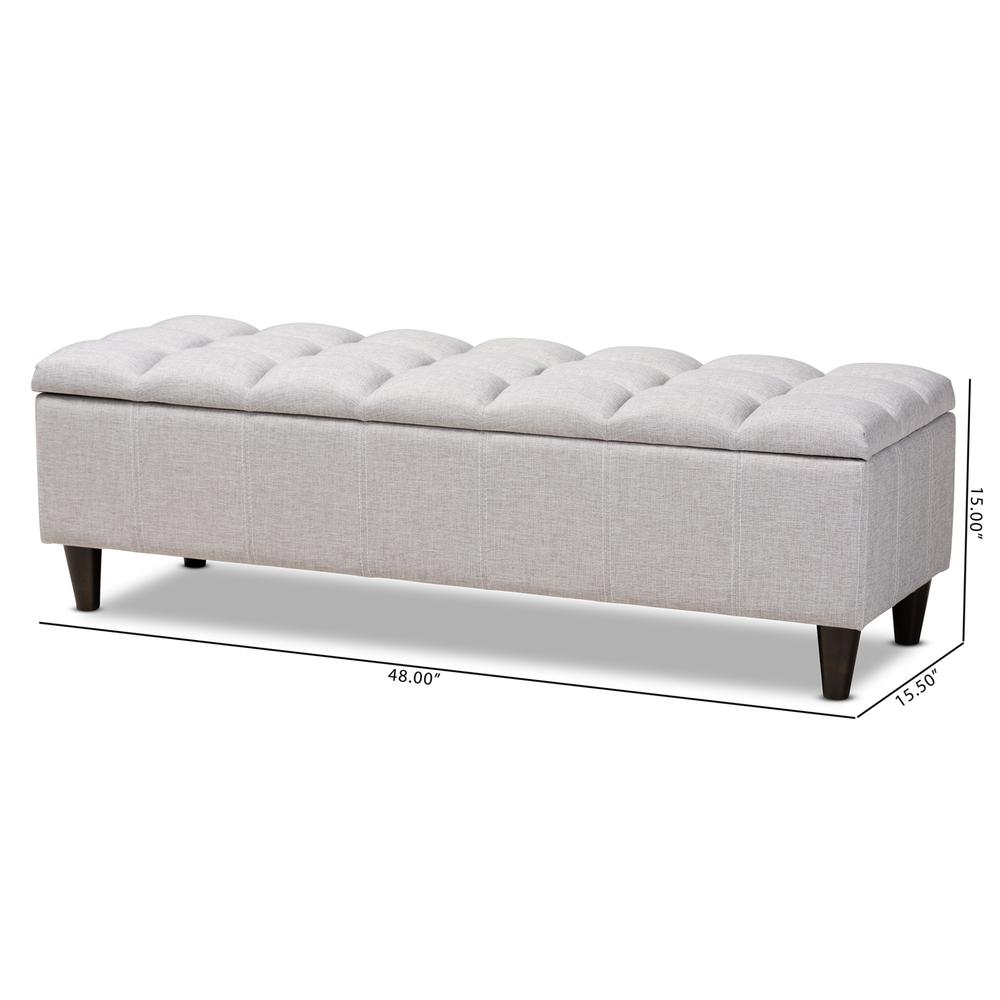 Grayish Beige Fabric Upholstered Dark Brown Finished Wood Storage Bench Ottoman. Picture 22