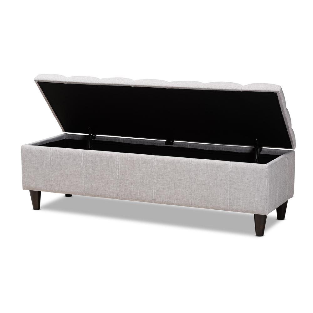Grayish Beige Fabric Upholstered Dark Brown Finished Wood Storage Bench Ottoman. Picture 13