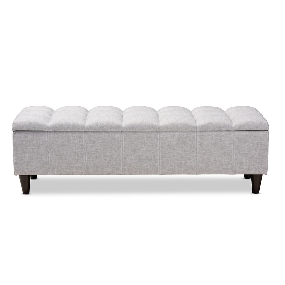 Grayish Beige Fabric Upholstered Dark Brown Finished Wood Storage Bench Ottoman. Picture 14