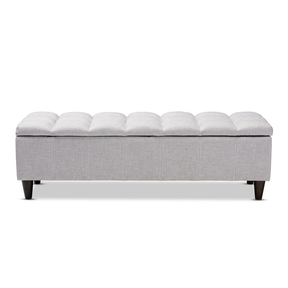 Grayish Beige Fabric Upholstered Dark Brown Finished Wood Storage Bench Ottoman. Picture 16