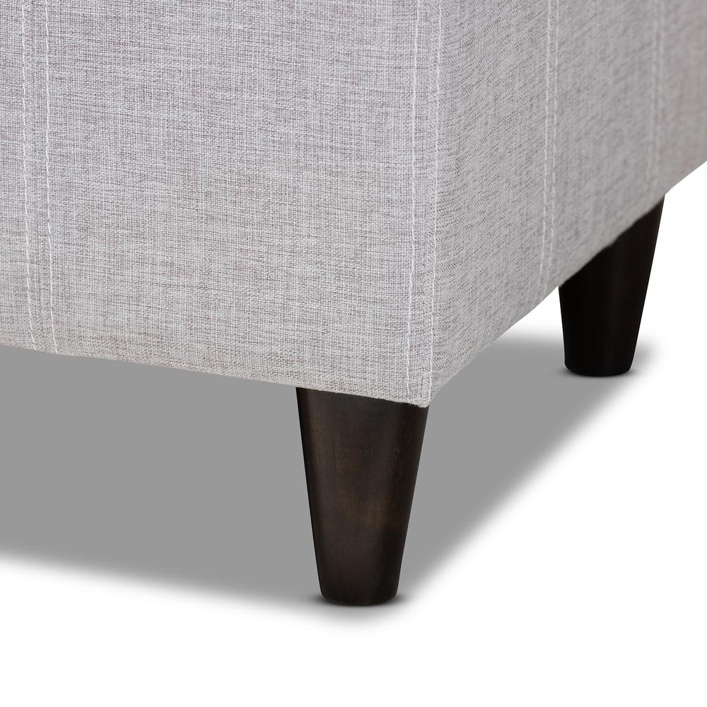 Grayish Beige Fabric Upholstered Dark Brown Finished Wood Storage Bench Ottoman. Picture 18