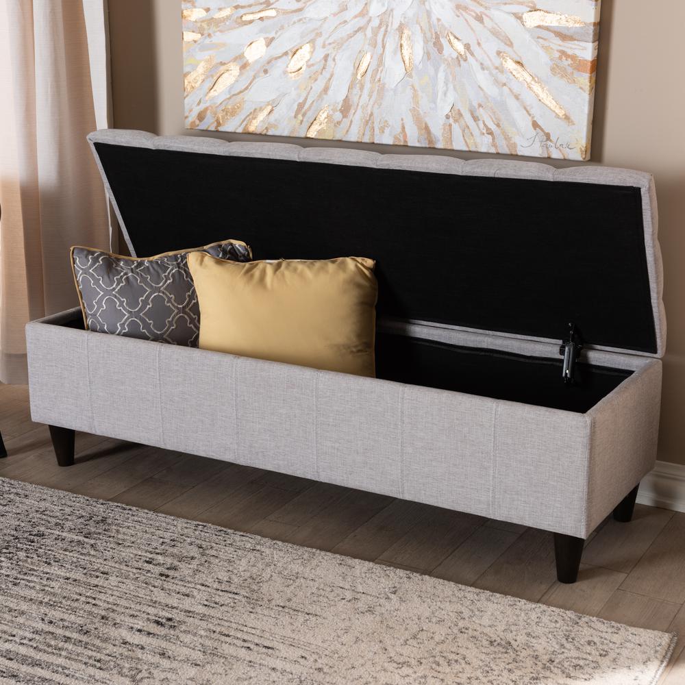 Grayish Beige Fabric Upholstered Dark Brown Finished Wood Storage Bench Ottoman. Picture 20