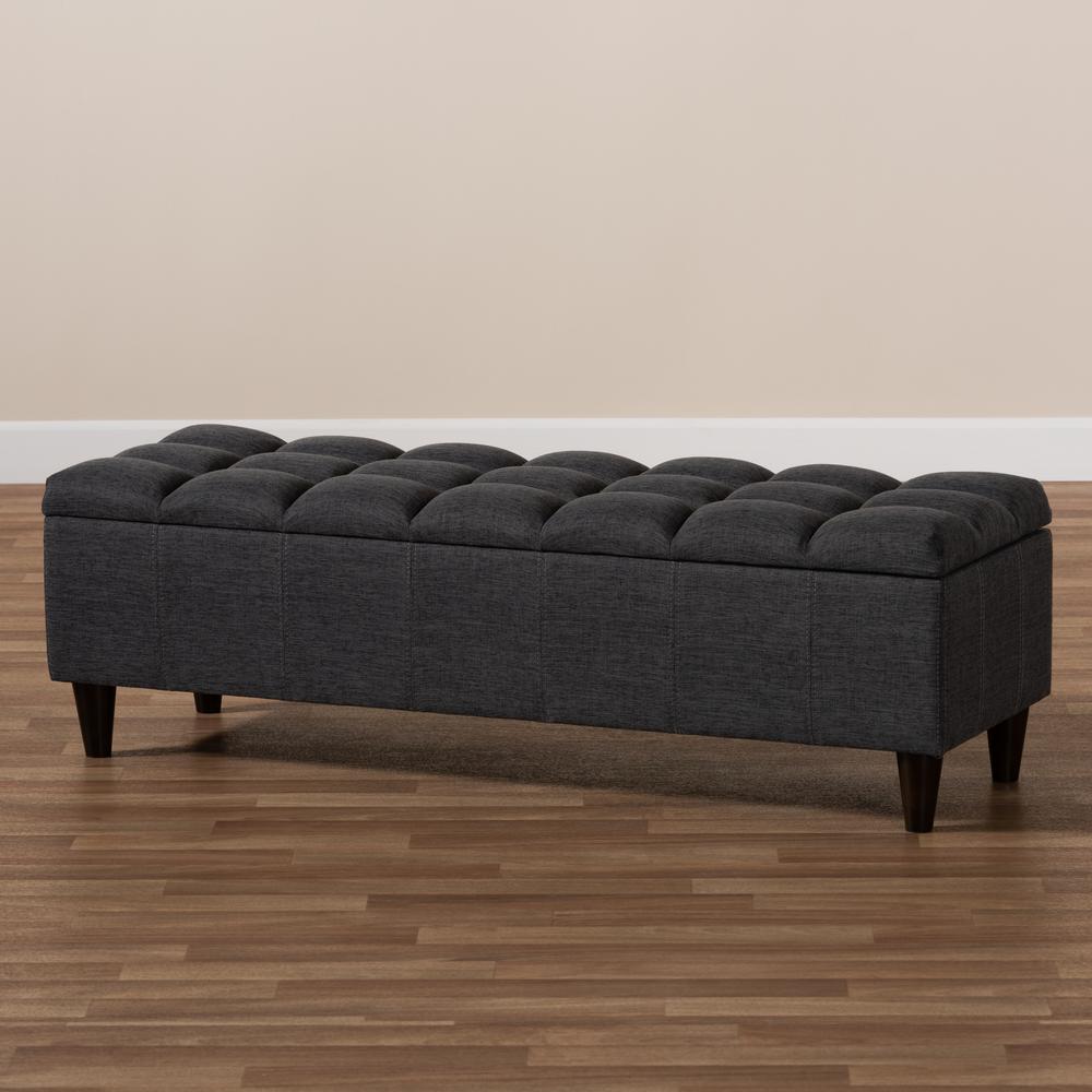 Charcoal Fabric Upholstered Dark Brown Finished Wood Storage Bench Ottoman. Picture 21
