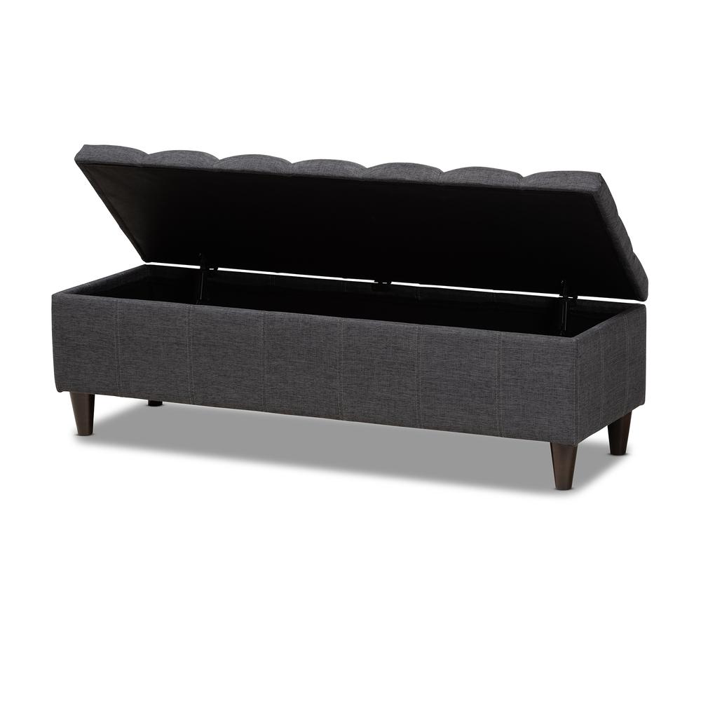 Charcoal Fabric Upholstered Dark Brown Finished Wood Storage Bench Ottoman. Picture 13