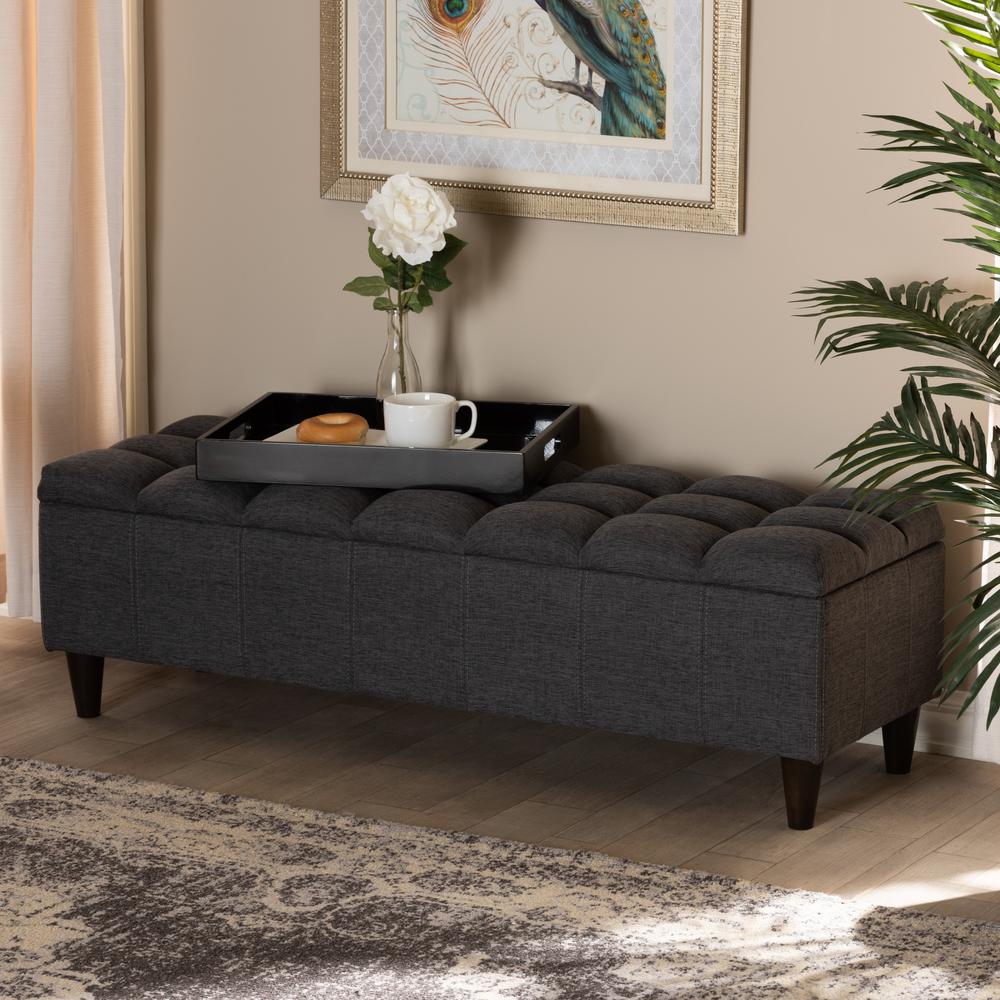 Charcoal Fabric Upholstered Dark Brown Finished Wood Storage Bench Ottoman. Picture 19