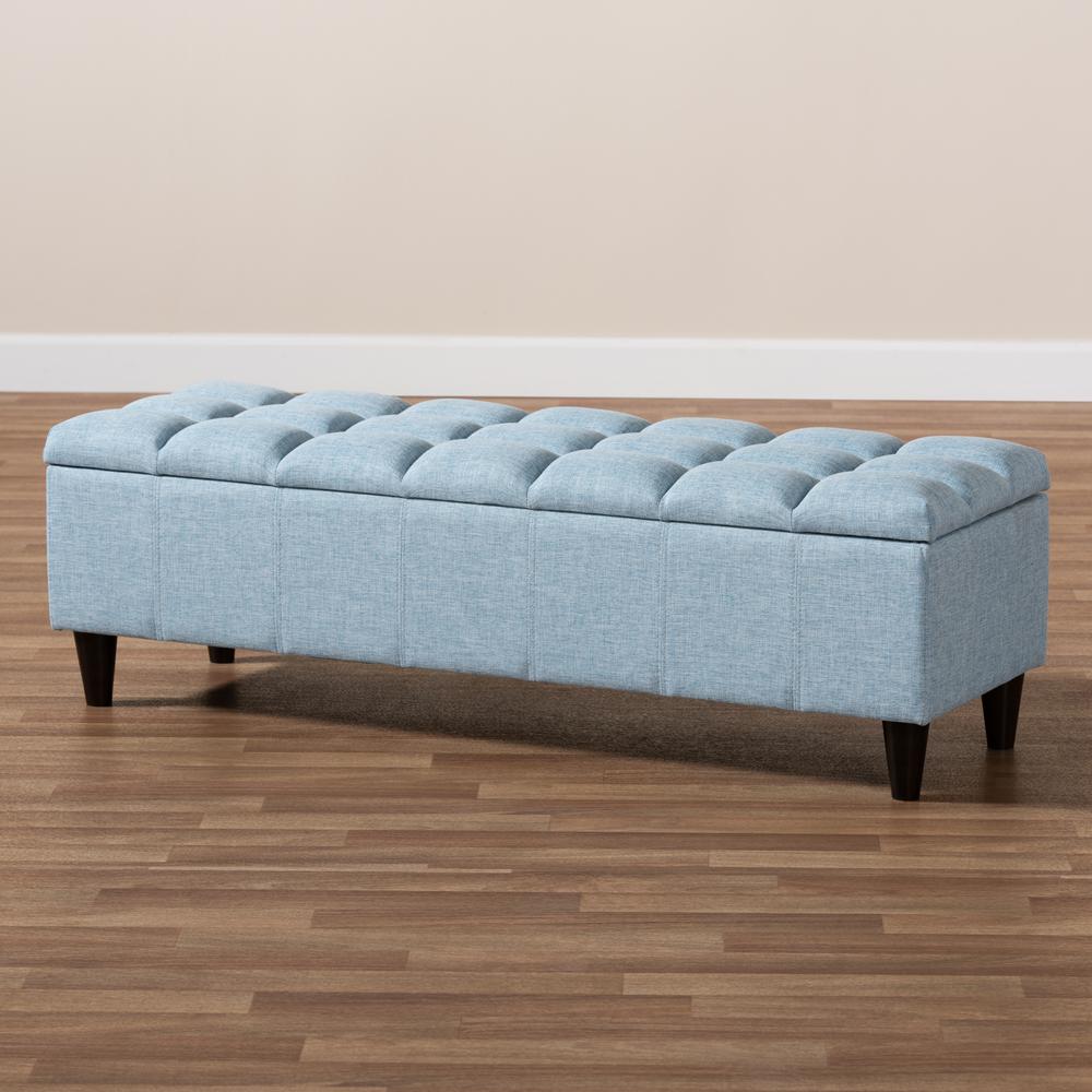Light Blue Fabric Upholstered Dark Brown Finished Wood Storage Bench Ottoman. Picture 21