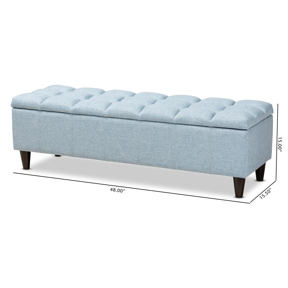 Light Blue Fabric Upholstered Dark Brown Finished Wood Storage Bench Ottoman. Picture 22