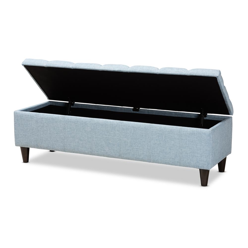 Light Blue Fabric Upholstered Dark Brown Finished Wood Storage Bench Ottoman. Picture 13