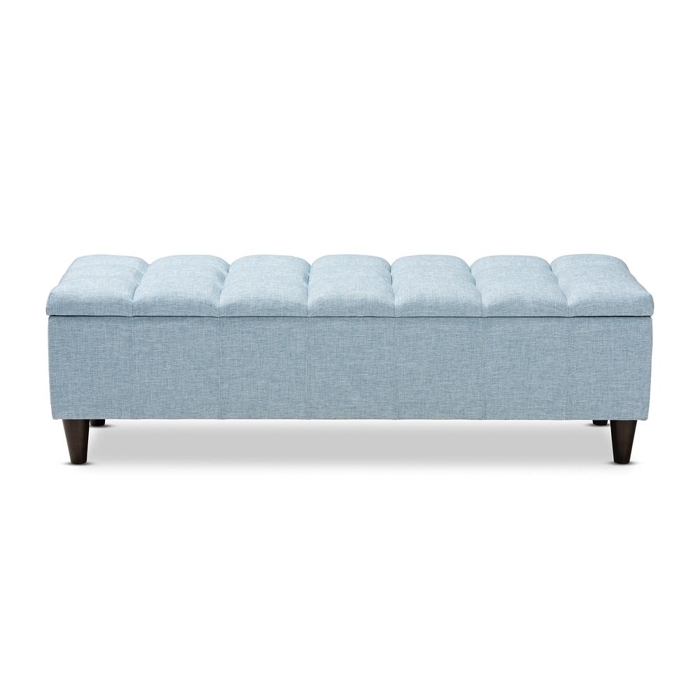Light Blue Fabric Upholstered Dark Brown Finished Wood Storage Bench Ottoman. Picture 14