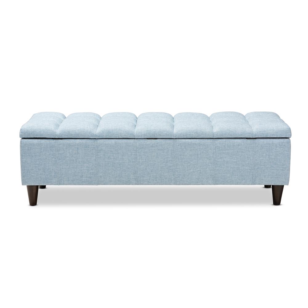 Light Blue Fabric Upholstered Dark Brown Finished Wood Storage Bench Ottoman. Picture 16