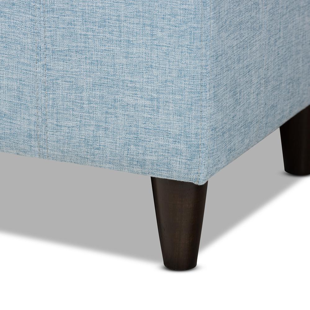 Light Blue Fabric Upholstered Dark Brown Finished Wood Storage Bench Ottoman. Picture 18