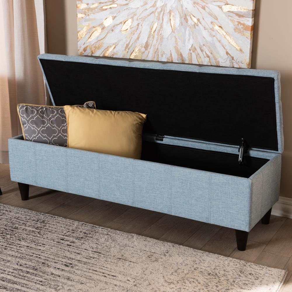 Light Blue Fabric Upholstered Dark Brown Finished Wood Storage Bench Ottoman. Picture 20