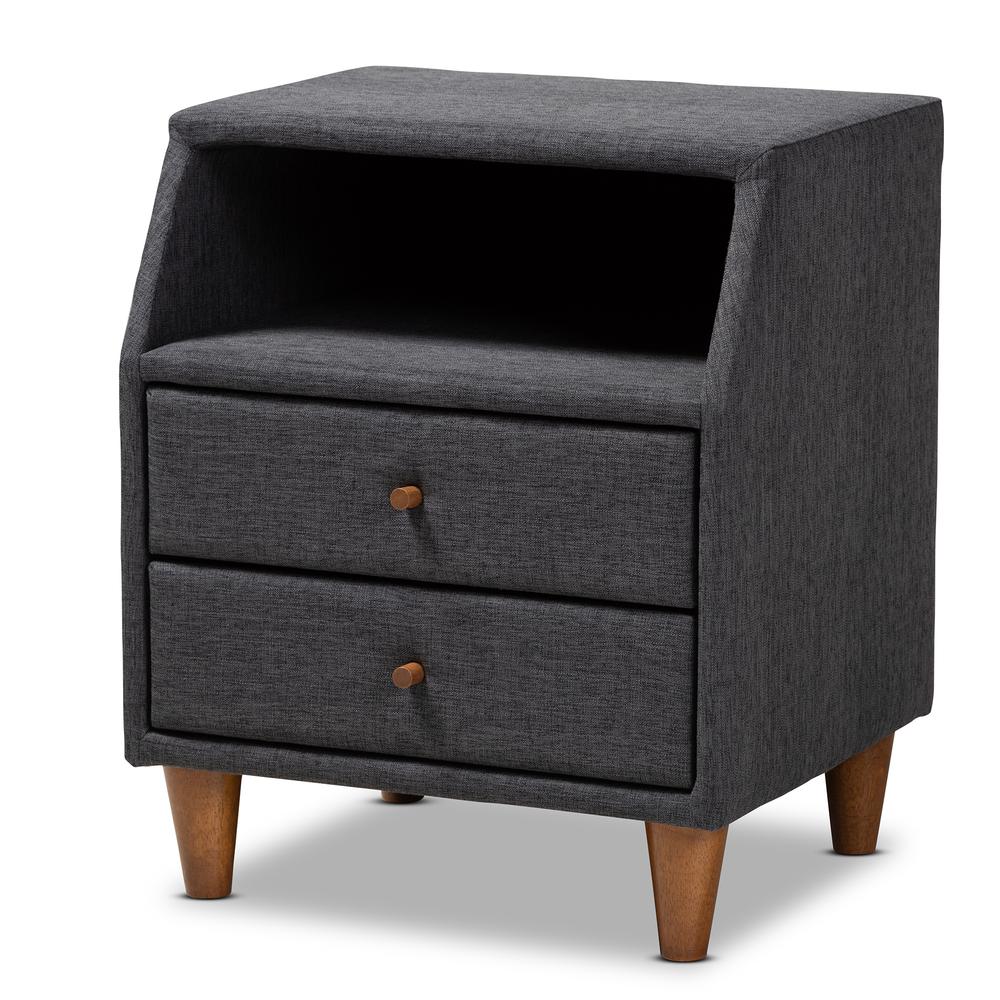 Claverie Mid-Century Modern Charcoal Fabric Upholstered 2-Drawer Wood Nightstand. Picture 10