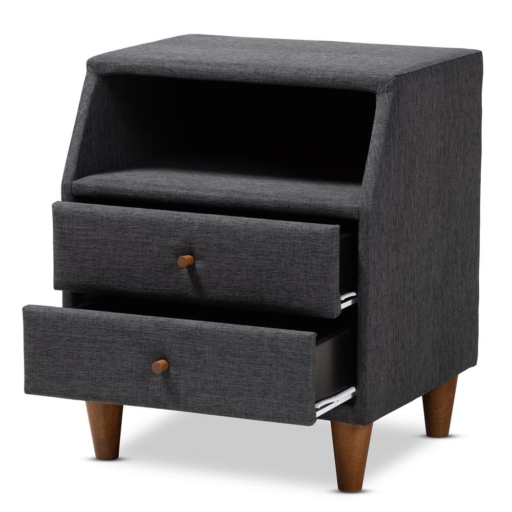 Claverie Mid-Century Modern Charcoal Fabric Upholstered 2-Drawer Wood Nightstand. Picture 11