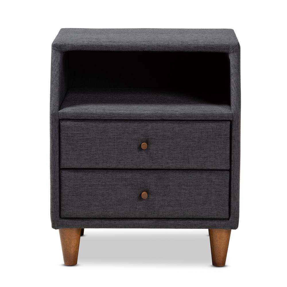 Claverie Mid-Century Modern Charcoal Fabric Upholstered 2-Drawer Wood Nightstand. Picture 12