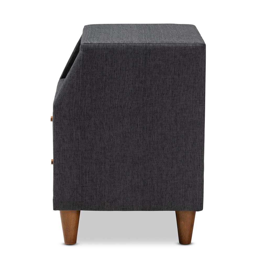 Claverie Mid-Century Modern Charcoal Fabric Upholstered 2-Drawer Wood Nightstand. Picture 13