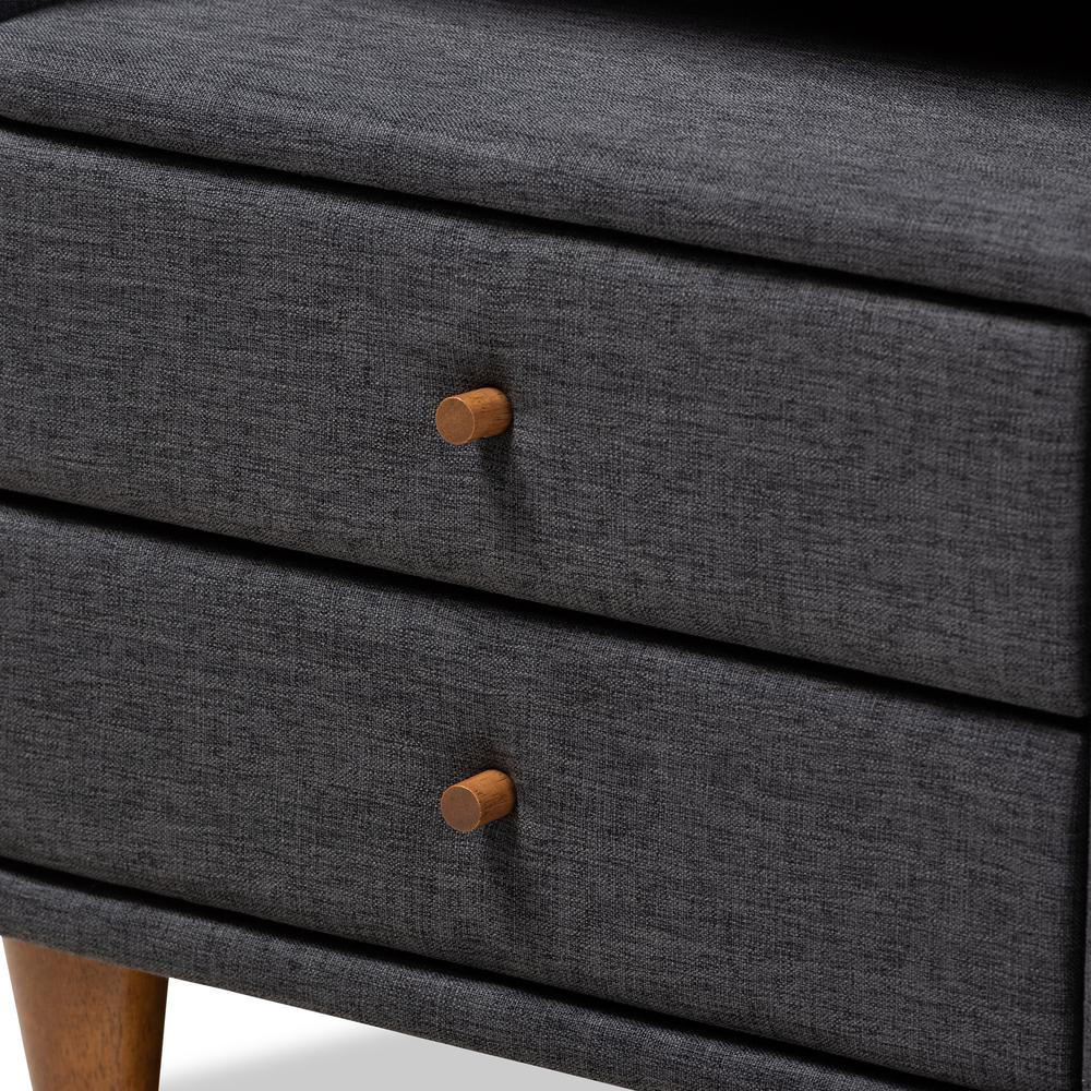 Claverie Mid-Century Modern Charcoal Fabric Upholstered 2-Drawer Wood Nightstand. Picture 14
