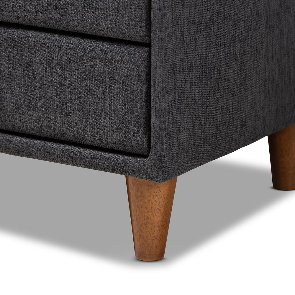 Claverie Mid-Century Modern Charcoal Fabric Upholstered 2-Drawer Wood Nightstand. Picture 15