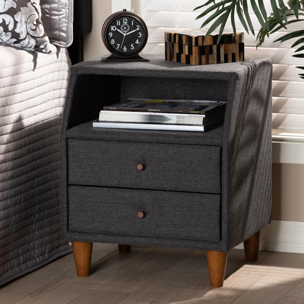 Claverie Mid-Century Modern Charcoal Fabric Upholstered 2-Drawer Wood Nightstand. Picture 16