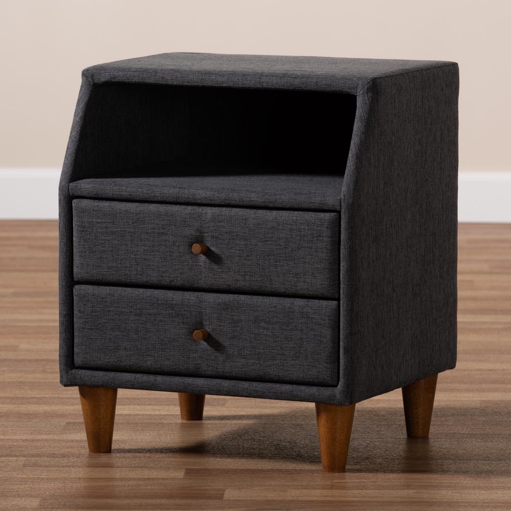 Claverie Mid-Century Modern Charcoal Fabric Upholstered 2-Drawer Wood Nightstand. Picture 17