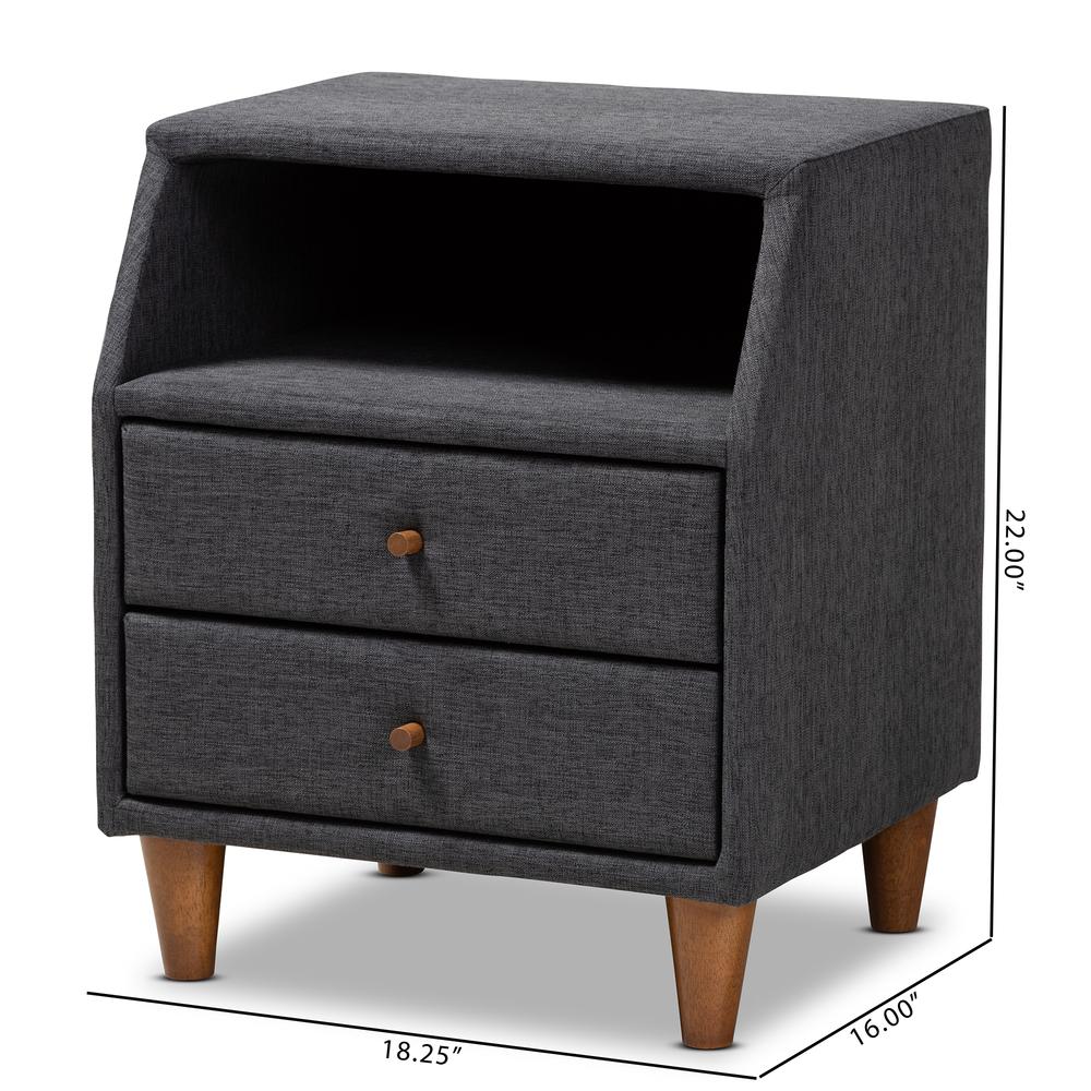 Claverie Mid-Century Modern Charcoal Fabric Upholstered 2-Drawer Wood Nightstand. Picture 18