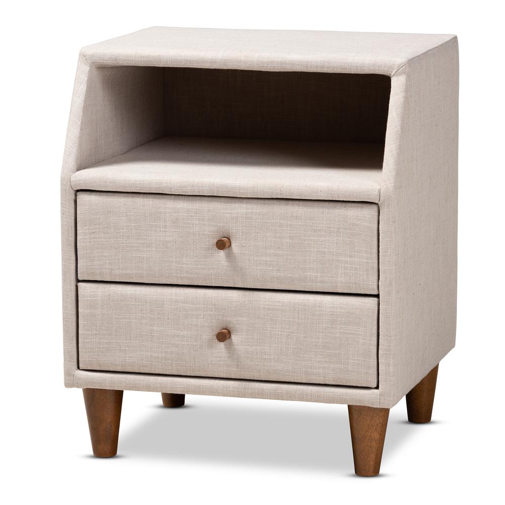Claverie Mid-Century Modern Beige Fabric Upholstered 2-Drawer Wood Nightstand. Picture 10