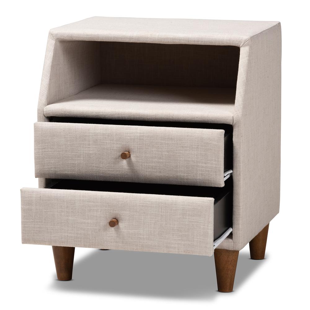 Claverie Mid-Century Modern Beige Fabric Upholstered 2-Drawer Wood Nightstand. Picture 11
