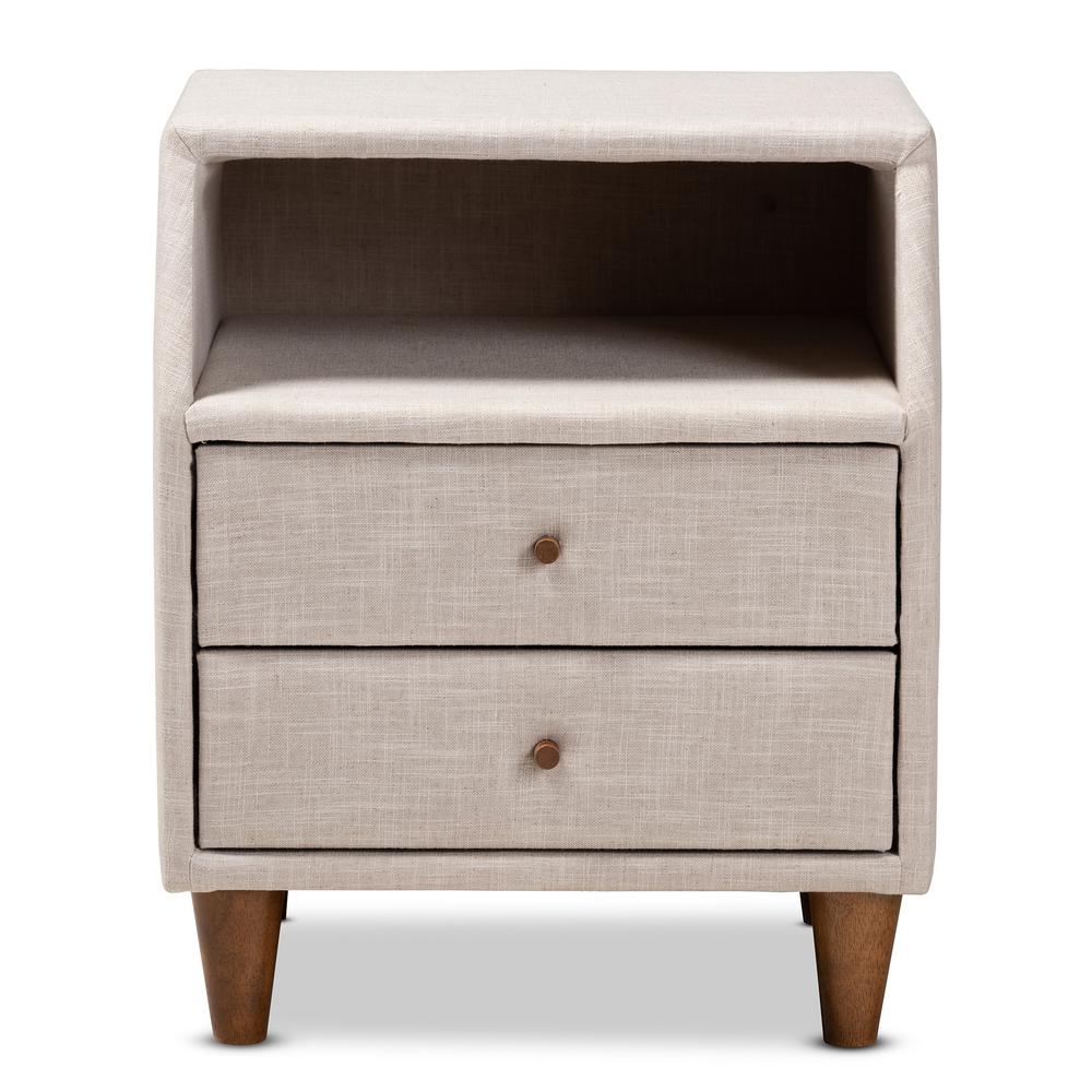 Claverie Mid-Century Modern Beige Fabric Upholstered 2-Drawer Wood Nightstand. Picture 12