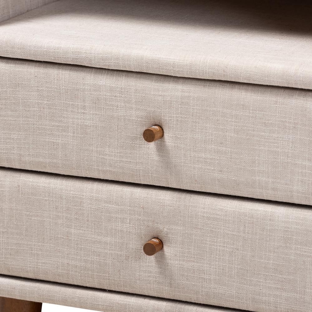 Claverie Mid-Century Modern Beige Fabric Upholstered 2-Drawer Wood Nightstand. Picture 14