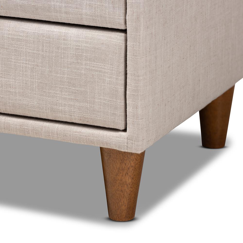 Claverie Mid-Century Modern Beige Fabric Upholstered 2-Drawer Wood Nightstand. Picture 15