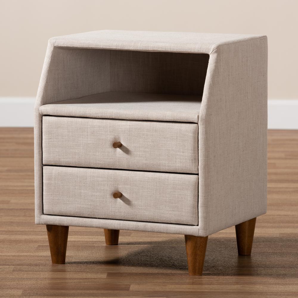 Claverie Mid-Century Modern Beige Fabric Upholstered 2-Drawer Wood Nightstand. Picture 17
