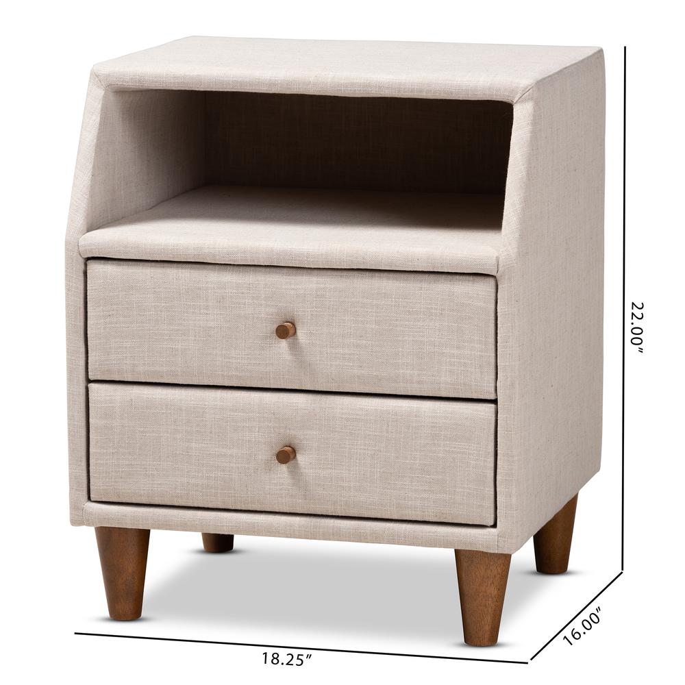 Claverie Mid-Century Modern Beige Fabric Upholstered 2-Drawer Wood Nightstand. Picture 18