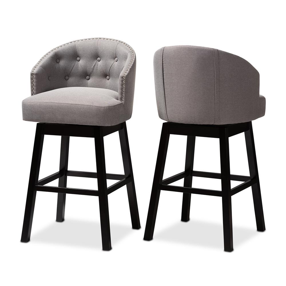 Theron Transitional Gray Fabric Upholstered Wood Swivel Bar Stool Set of 2. Picture 8