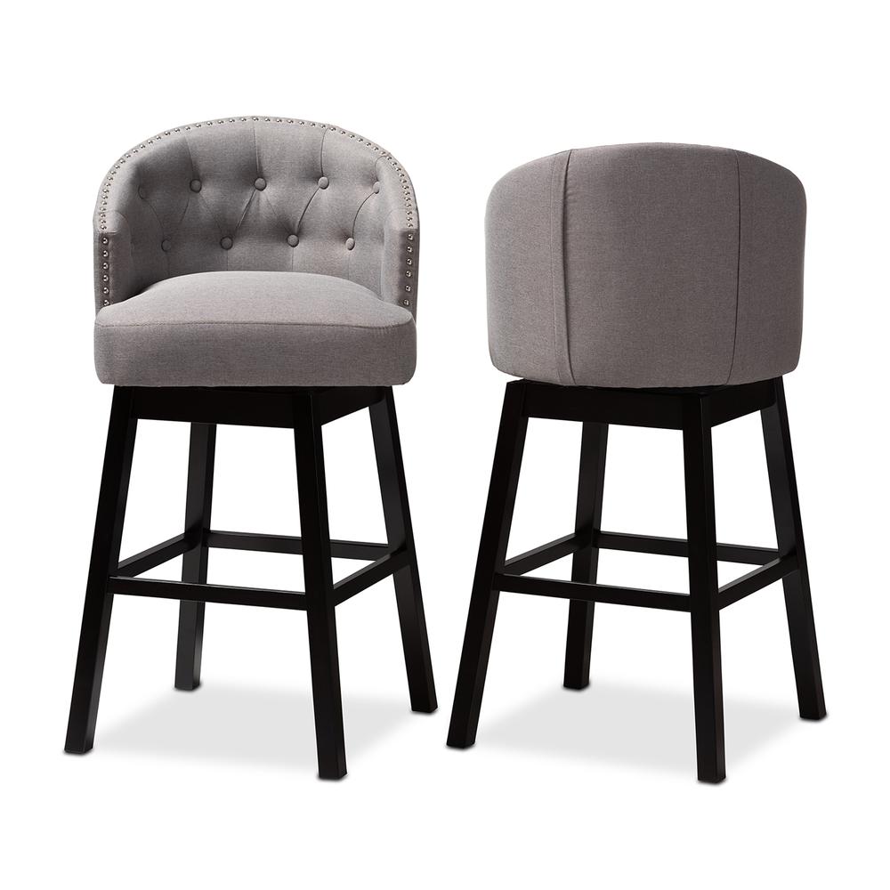 Theron Transitional Gray Fabric Upholstered Wood Swivel Bar Stool Set of 2. Picture 9